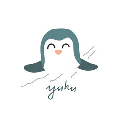 A cute little penguin is rolling on the ice from the slide. Vector children's illustration. Isolated on white. For printing, children's decor.