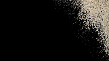 Desert pile sand isolated on black. Dust heap beach texture on shore background. Travel concept in minimal style.