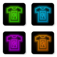 Glowing neon line T-shirt icon isolated on white background. Black square button. Vector.