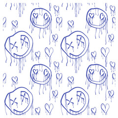 Seamless pattern of graffiti hearts and smile with smudges. Image for a poster or cover. Vector illustration. Repeating texture. Figure for textiles.