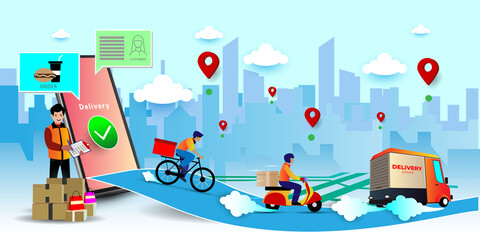 Online delivery service concept, Fast respond delivery package shipping on mobile. Online order tracking with map. Vector illustration