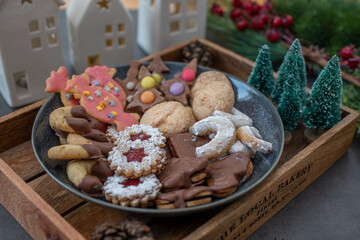 Traditional home made German Christmas Cookies on a festive table