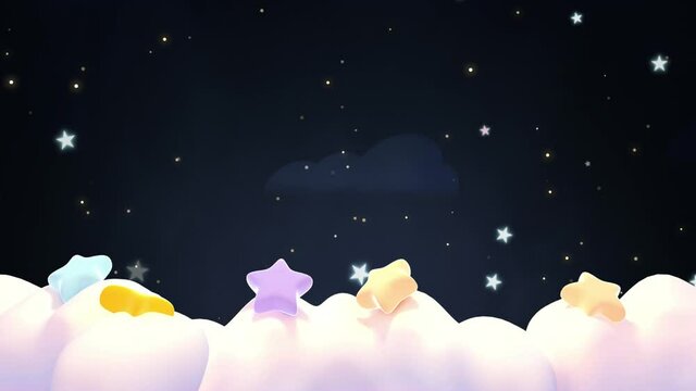 Looped horizontal scrolling cute stars on soft pastel color clouds at night animation.