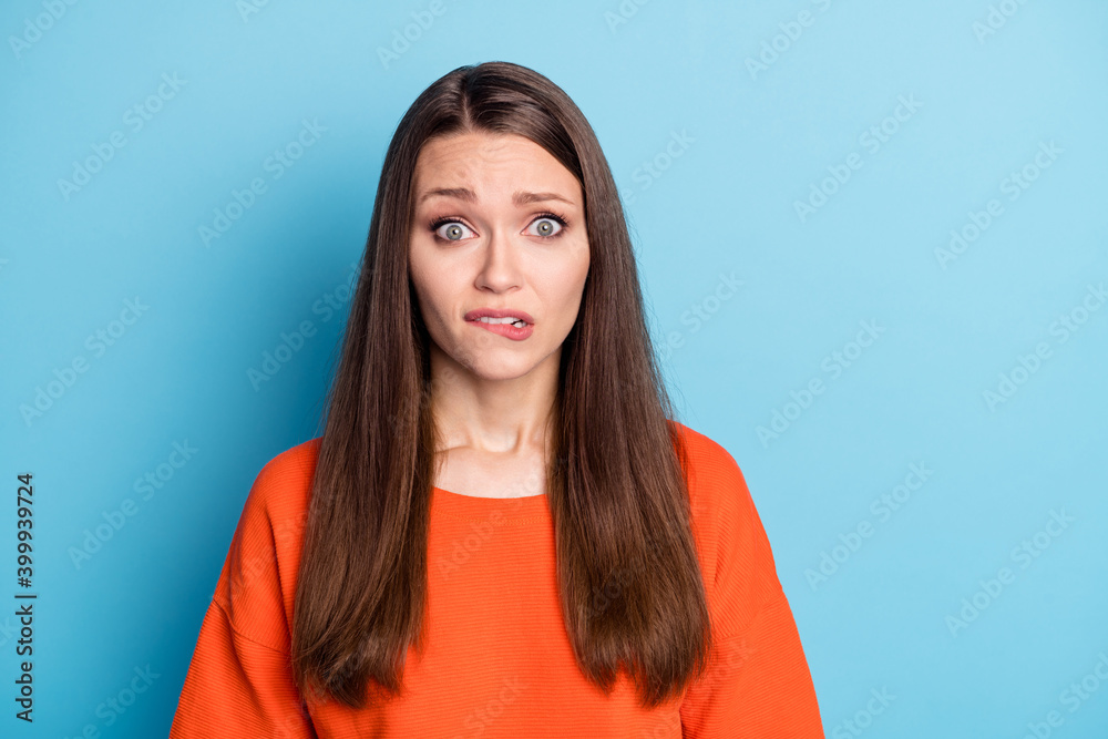 Wall mural close-up portrait of her she nice attractive desperate worried brown-haired girl biting lip isolated