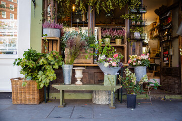 Fototapeta na wymiar Flowers and plants displayed outside green British store