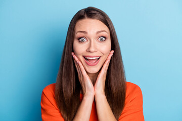 Close-up portrait of her she nice attractive cheerful amazed brown-haired girl touching cheeks wow isolated on bright vivid blue color background