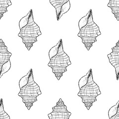 Seashell seamless pattern. Marine life ocean floor hand drawn ink doodle sketch outline. Background for paper for scrapbooking wrapping. Stock vector illustration.
