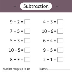Subtraction. Number range up to 10. Math worksheet for kids. Solve examples and write. Developing numeracy skills. Mathematics