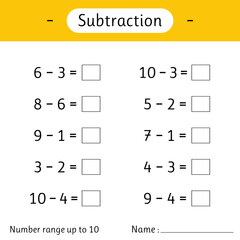 Subtraction. Number range up to 10. Math worksheet for kids. Solve examples and write. Mathematics. Developing numeracy skills