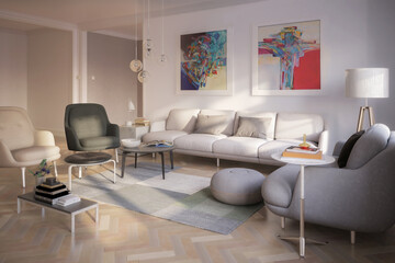 Moderne Raumadaptation Wohnzimmer mit abstrakten Gemälde - 3D Visualsierung