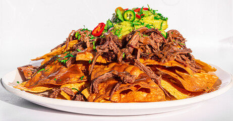 nachos loaded with pulled beef, salsa guacamole and jalapeno