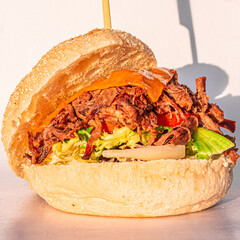 fresh tasty smoked pulled pork burger on white background