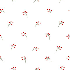 Floral seamless pattern texture with red berries branches. White background. Vector illustration with sprigs. Perfect for printing on fabric or