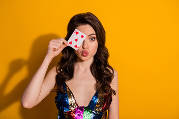Photo of cute pretty girl close cover her face eye hearts playing card send air kiss wear glossy...