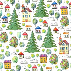 Fototapeta na wymiar Seamless pattern with houses in forest with firs and flowering trees.
