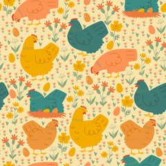 Seamless spring pattern with cute chickens. Vector graphics.