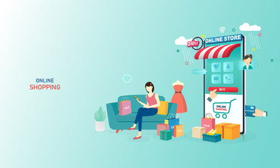 Online shopping on website E-commerce or mobile phone applications, digital marketing banner or promotion. Concept vector illustration perspective design.