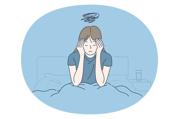 Grief, Depression, tears concept. Small unhappy girl cartoon character sitting in bed and thinking about bad news or feeling lonely unhappy depressed vector illustration 