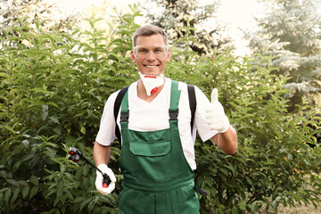 Worker with insecticide sprayer near green bush outdoors. Pest control