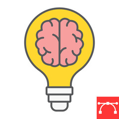 Creative brain color line icon, idea and lightbulb, creative thinking sign vector graphics, editable stroke filled outline icon, eps 10.