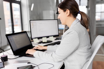 business and people concept - businesswoman with laptop computer working at office