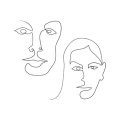 Modern continuous one line art in cubism style isolated on white. Hand drawn illustration for fashion t-shirt design, printing, posters, invitations, cards, leaflets. Vector concept faces art