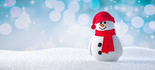 Little cute snowman standing in winter landscape - greeting card with copy space - 3D illustration