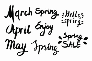Big collection of hand lettering, writing text about spring and month isolated on white. Vector illustration for card, poster, banner