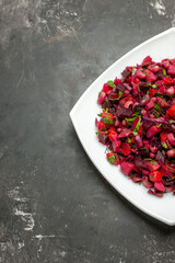 top view tasty vinaigrette salad with beets and beans on grey background meal photo health
