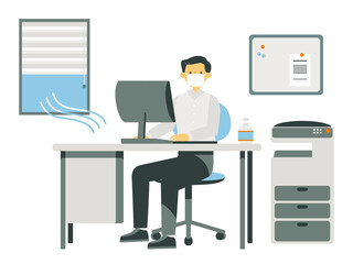 換気をしながらマスクで働くサラリーマン