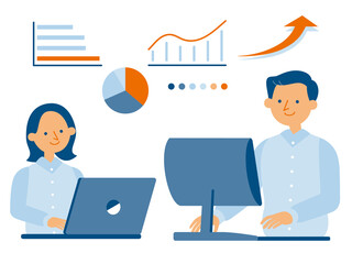 パソコンで仕事をする男性と女性（シンプルカラー）