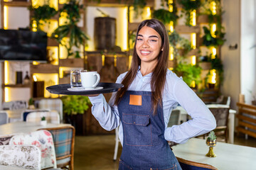 Young woman working holding a tray with coffee and glass of water. Beautiful waitress wearing apron. Portrait of a smiling waitress holding tray of drinks in restaurant