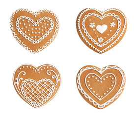 Set of Christmas gingerbread heart shaped cookies on white background