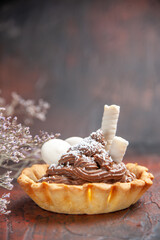 front view delicious creamy cake on dark desk biscuit sweet cake dessert