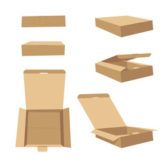 Square Carton Assembly Box for Technological and Electronic Products. Cartoon Style Illustration Delivery Packaging. Flat Graphic Design Forwarding Clip Art. Vector Collection Mockup Isolated