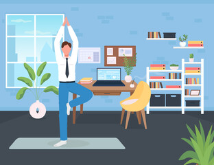 Workplace workout flat color vector illustration. Manager doing yoga. Man stretching arms, legs during work day. Training employee 2D cartoon character with office space on background