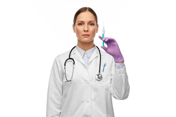 Fototapeta premium medicine, vaccination and healthcare concept - female doctor with stethoscope and syringe over white background