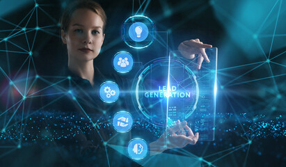 Business, Technology, Internet and network concept. Young businessman working on a virtual screen of the future and sees the inscription: Lead generation