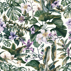  tropical leaves and flowers hand-drawn by watercolor. Seamless tropical pattern. Stock illustration