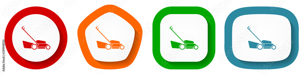 Aufkleber lawn mower vector icon set, flat design buttons on white background