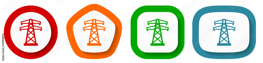 Poster power line vector icon set, electricity flat design buttons on white background