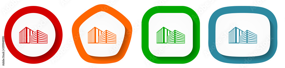 Aufkleber modern design office buildings vector icon set, flat design buttons on white background