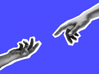 Two hands reaching out towards each other isolated on purple background. - obrazy, fototapety, plakaty