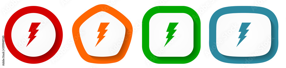 Poster bolt vector icon set, electricity flat design buttons on white background