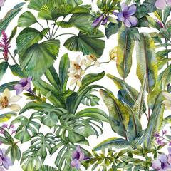 Fototapety   tropical leaves and flowers hand-drawn by watercolor. Seamless tropical pattern. Stock illustration