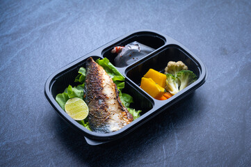 Fototapeta na wymiar delivery lunchboxes food, flat lay. Healthy food delivery
