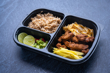 delivery lunchboxes food, flat lay. Healthy food delivery