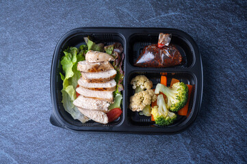 delivery lunchboxes food, flat lay. Healthy food delivery