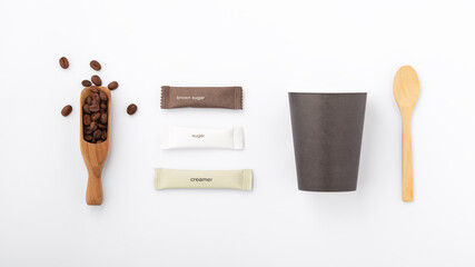 Eco coffee cup and sugar paper packaging, mockup
