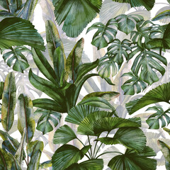  tropical leaves and flowers hand-drawn by watercolor. Seamless tropical pattern. Stock illustration